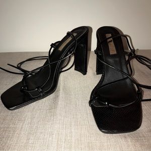 BILLINI Strappy High Heel Sandals Size 9, Black, Lace up Calf Square Toe